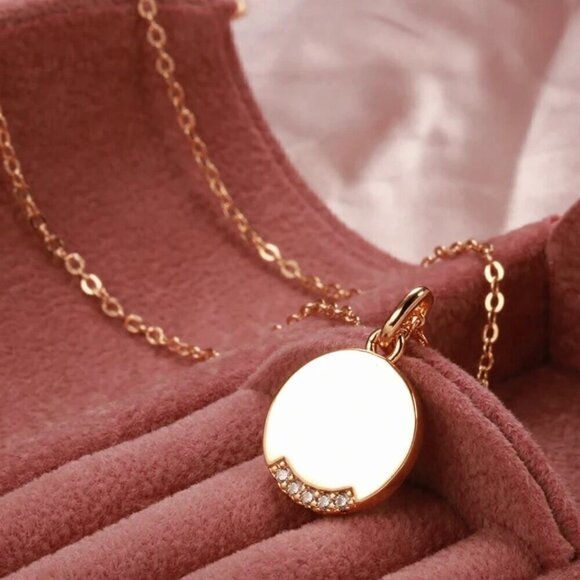NWT Round Pendant Necklace 14K Rose Gold Plated CZ Pave Thin Chain Minimalist - Picture 3 of 12